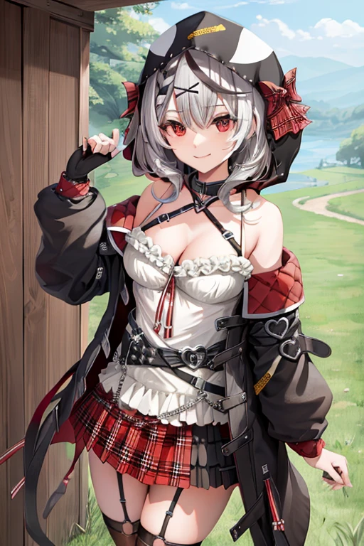masterpiece, best quality, highres, 1girl, solo, red_eyes, sakamata chloe, garter straps, black fingerless gloves, torn thighhighs, grey hair, hair ornament, multicolored hair, plaid skirt, streaked hair, cleavage, x hair ornament, black hair, red skirt, black collar, white camisole, medium breasts, miniskirt, pleated skirt, black thighhighs, braid, white shirt, black_belt, medium hair, black jacket, plaid_bow, hood_up, long sleeves, off shoulder, smile, field, walking,