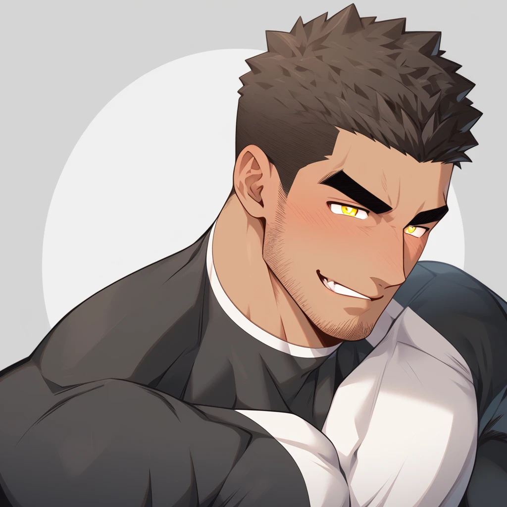 anime characters：Gyee Chris Redfield, Muscle Sports Student, negro black skin, 1 dark skin muscular tough guy, Manliness, male focus, Light yellow high collar long sleeve tight T-shirt, Slightly transparent material, Very tight, Round, full and perky chest muscles, Slightly transparent, muscular male, muscular, only, Upper body, alone, Black short hair, Thick eyebrows, stubble, Yellow eyes, Grey background, simple background, amazing quality, best aesthetics, Ridiculous, bright pupils, crew cut, parted lips, seductive smile, torogao, naughty face, moaning, drop shadow, best quality