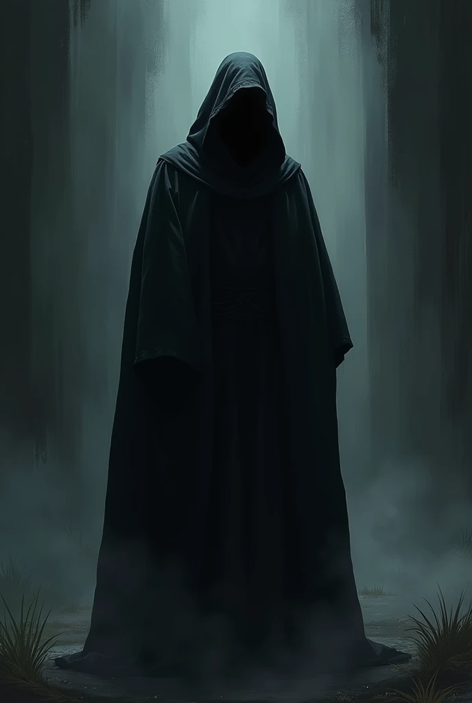 A wizard in simple dark robes without showing his face from the torso up in a dark environment in a drawing