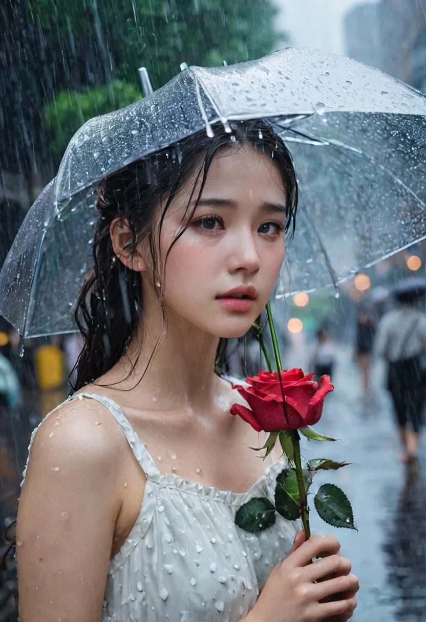 In a bustling city,rainstorm,A girl standing in the rain,The roses that the jk girl held tightly fell on the ground。Her eyes are full of sadness,Very sad expression,Gloomy eyes, And feel wronged,Wilted roses,Wilted flowers,The rain washed her cheeks。She insisted on waiting,Believe that the one you love will come back。
