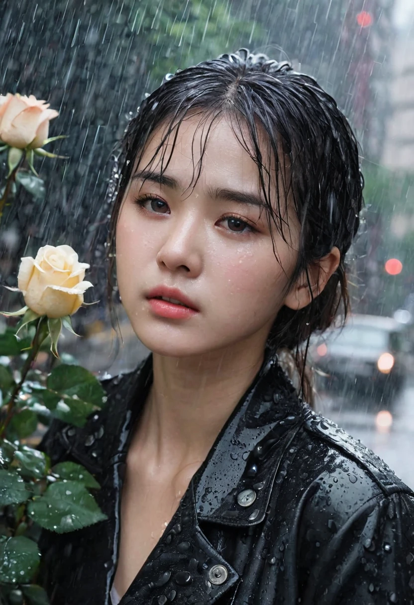 In a bustling city,rainstorm,A girl standing in the rain,The roses that the jk girl held tightly fell on the ground。Her eyes are full of sadness,Very sad expression,Gloomy eyes, And feel wronged,Wilted roses,Wilted flowers,The rain washed her cheeks。She insisted on waiting,Believe that the one you love will come back。