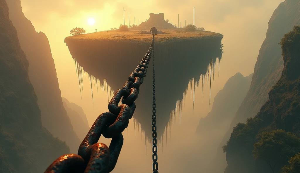 a floating island chained to the ground with multiple chains, focus on one of the chains, camera angle from below, warm lighting, rusty chains