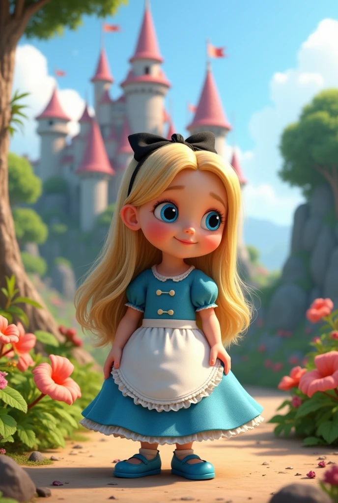 The image features a child character with long, loose blonde hair., blue eyes wearing a striking blue dress with a white apron and a black bow tiara in her hair. She is sitting standing putting her hand on her dress. The character shows off her blue shoes, that complement your outfit. Ao fundo, there is an enchanted castle with towers and flags, set in a lush green environment with flowers. The scene conveys a magical and playful atmosphere, typical of fairy tales. Real 3d pixar image