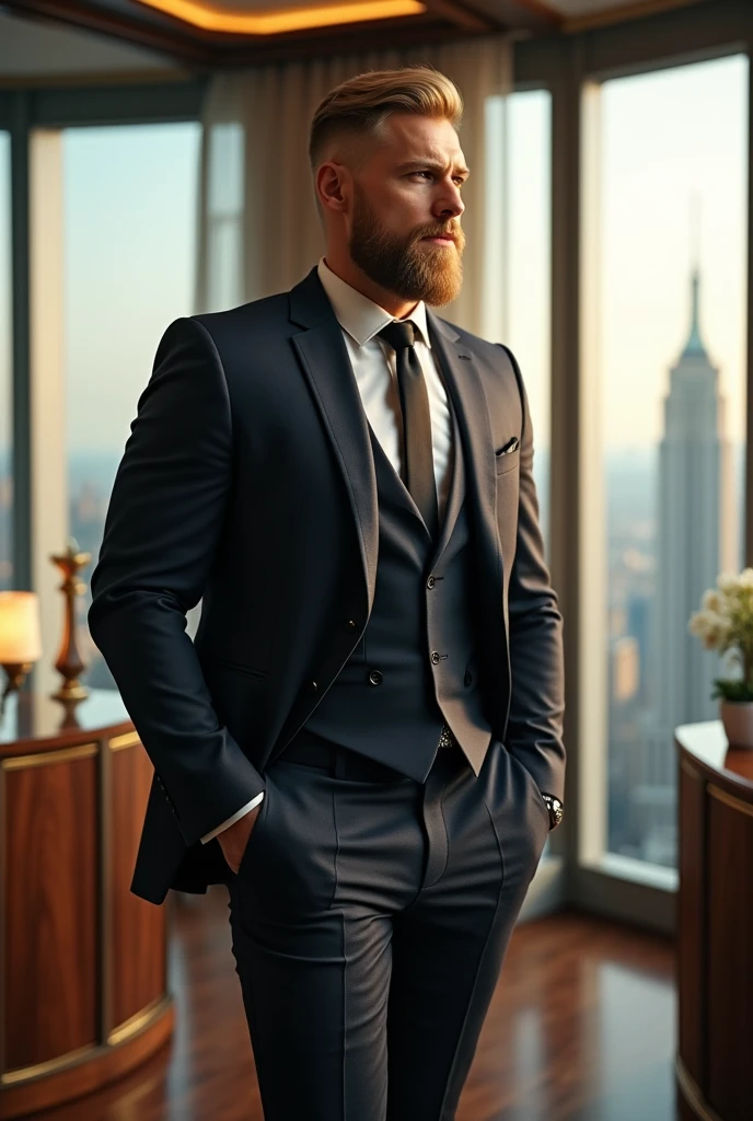 a Russian man, aesthetically beautiful body because you train at the gym, blond with beard, wearing a slightly tight suit, millionaire in his office standing looking sideways through the glass of his office