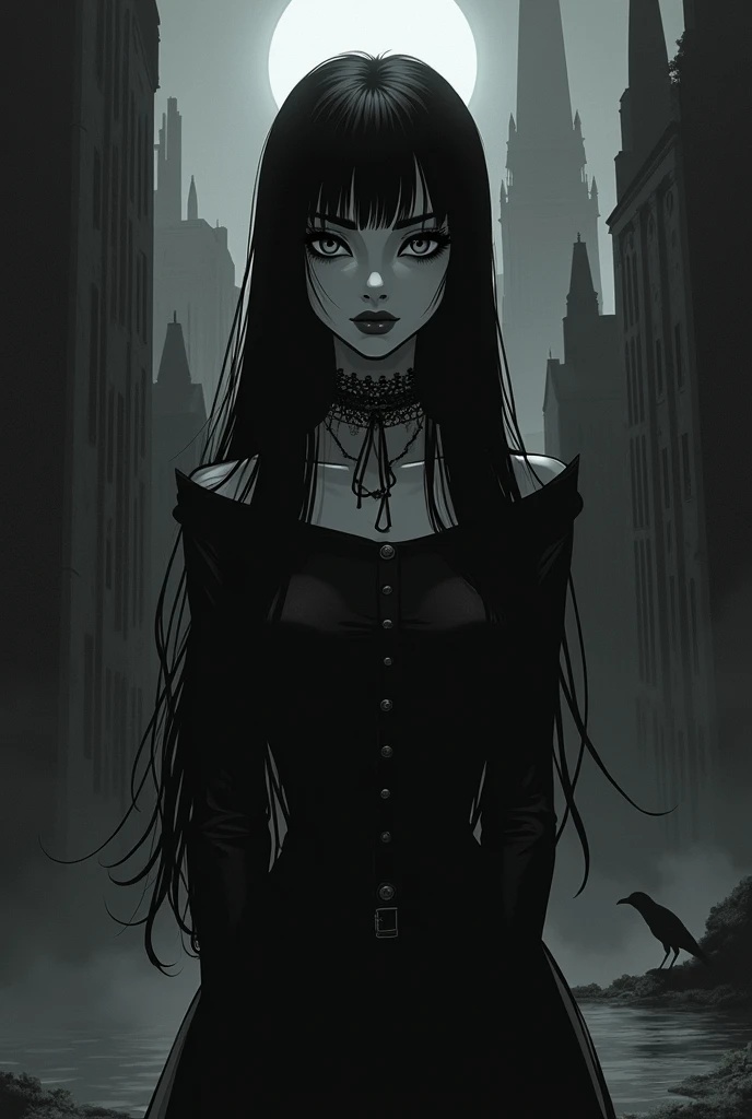Make a picture of a gothic girl with long black hair, castlevania animation style, Dark City of the 80s, in black and white, Simple details, Dim lighting with a melancholic atmosphere