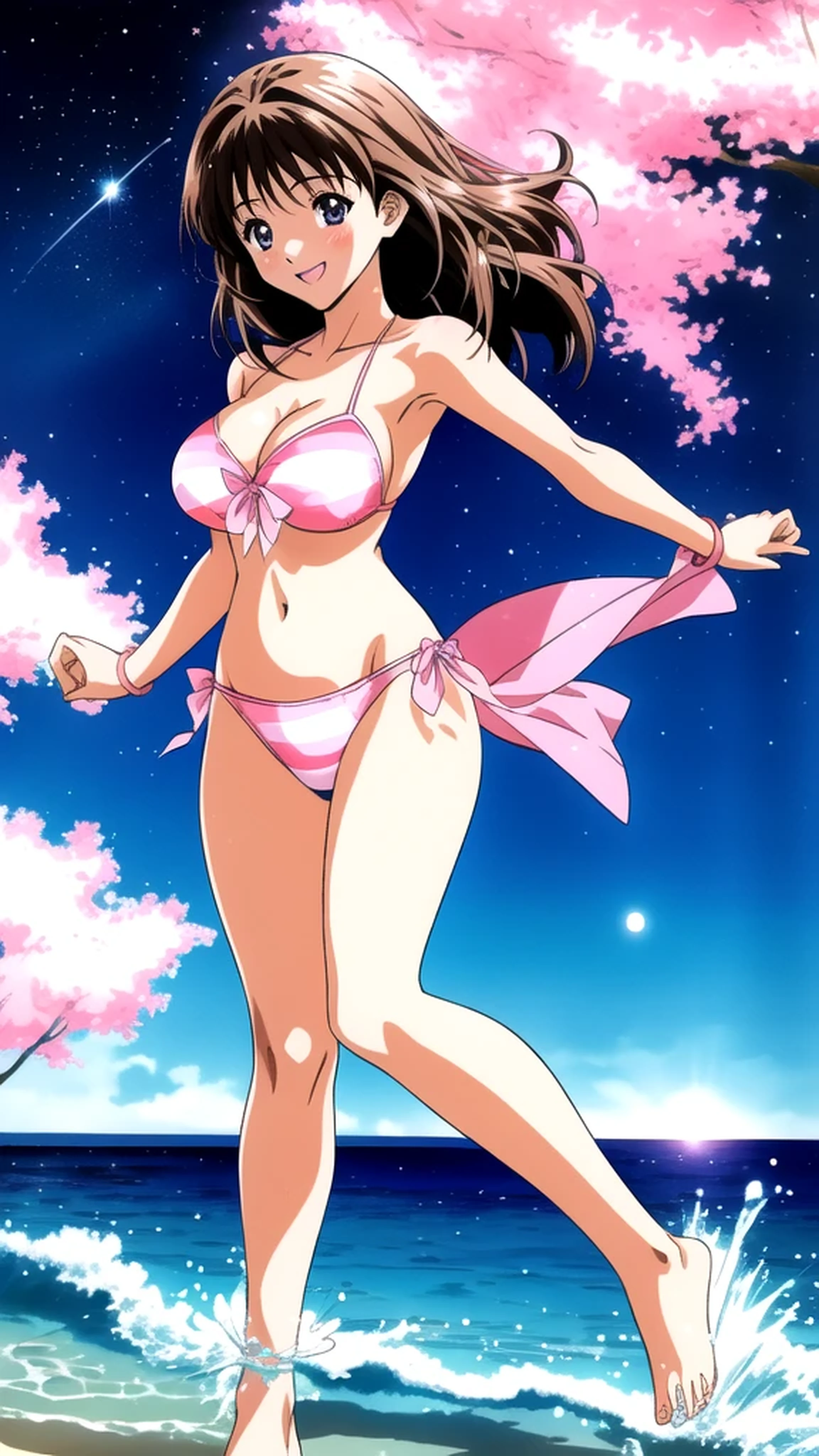 Anime illustration Yoshizuki_Iori, 1 person, Pink bandeau bikini, Big Breasts、 blush, Cute Smile Open your mouth, Are standing, (She walked along the starry beach at night, touched the water with bare feet, and came closest to that smile), barefoot, Two Arms, (cinematic angle:1.1),