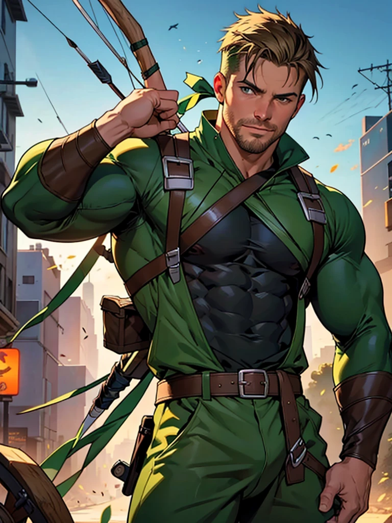 NSFW, 32k, high quality , detailed face , detailed fingers ,detailed muscles stephen amell as green arrow , wearing blackish green outfit , showing a dark blond short hair , a thick facial hair like daddies, a bulge ,hunk and handsome, shooting his arrows with a bow toward the ennemies , in action , with the quiver on his back full of arrows background sky and city at night
