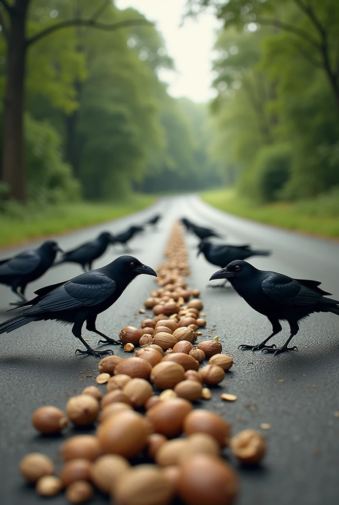 Crow place their nuts in the middle of the road 