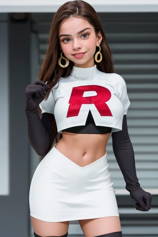 The face of Olivia Rodrigo, 1girl, solo, team rocket,team rocket uniform,white skirt,red letter R,crop top,black thigh-highs,black elbow gloves, earrings, large breasts,