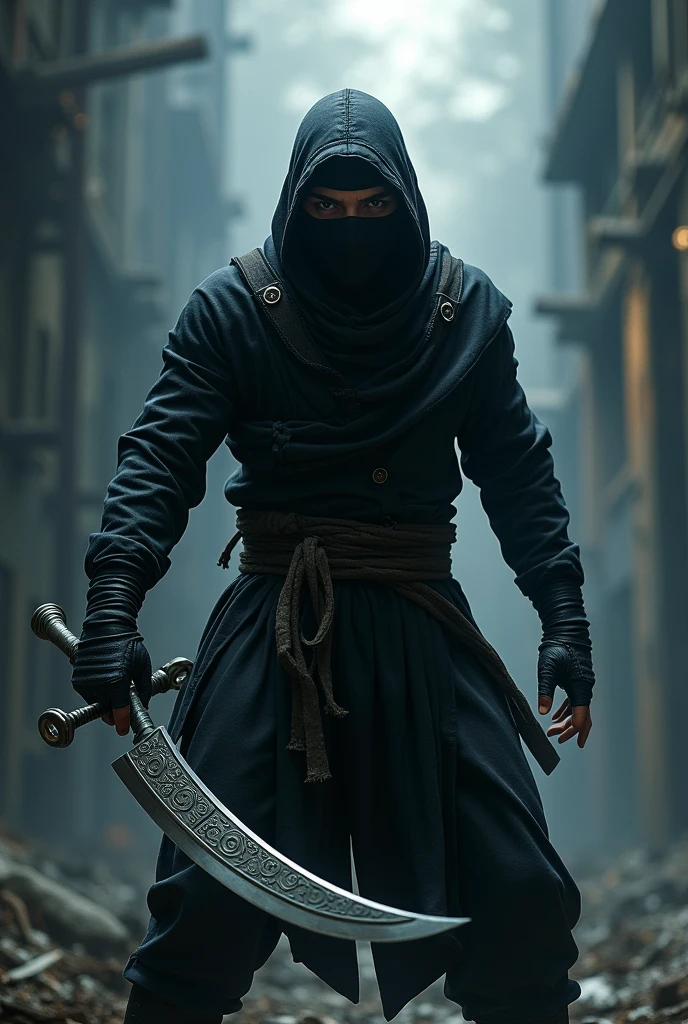 Ninja, chain sickle, masterpiece, best quality, high resolution, realistic, detailed,