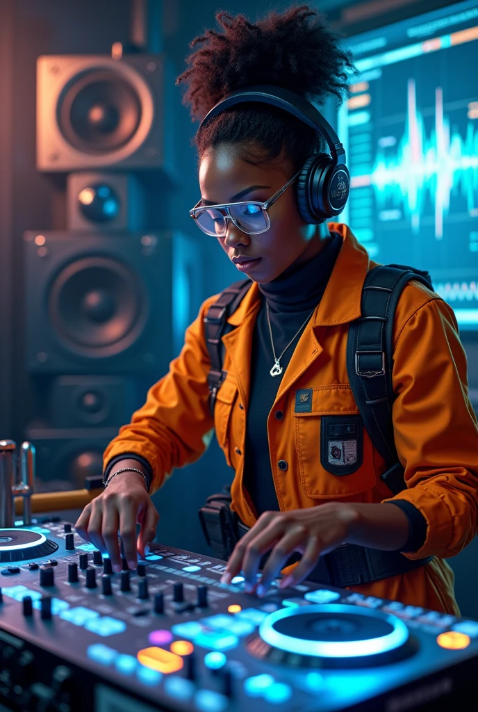 Black engineer girl wearing headphones playing music with virtual dj dispay and large speakers wearing engineering costumes and hammer