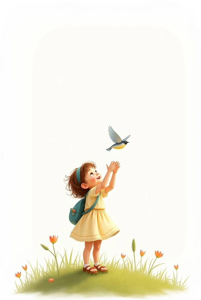 white background,liitle girl standing on grass,rais her hands to little bird,little bird flying,cute frock wearing girl,smilling face