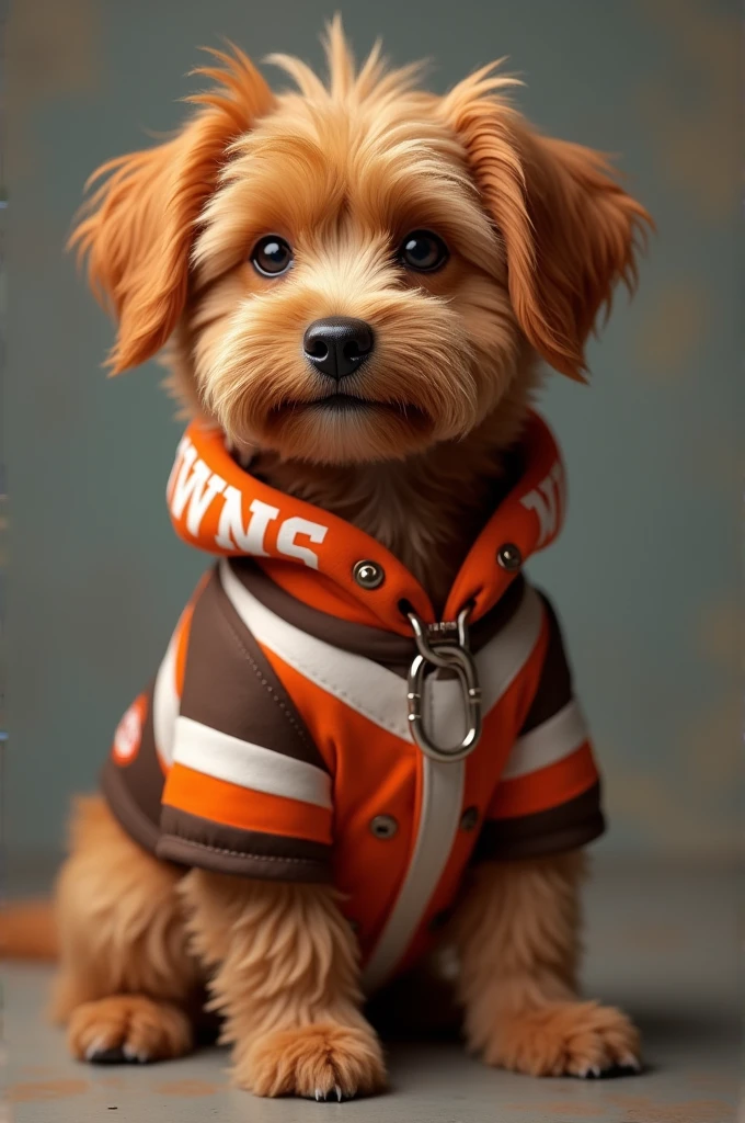 A pet "a dog"brown color with the colors of the American football team "cleveland"