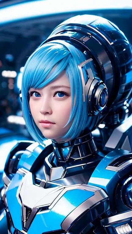 Wide-angle shot, 1 female, Mecha, Shining blue-black eyes, Very cute face, (Realistic:1.37), バイオMechaニカル, Spaceship interior bokeh background, Ultra-realistic, Very detailed, Very intricate details, Beautiful woman in focus、blue、