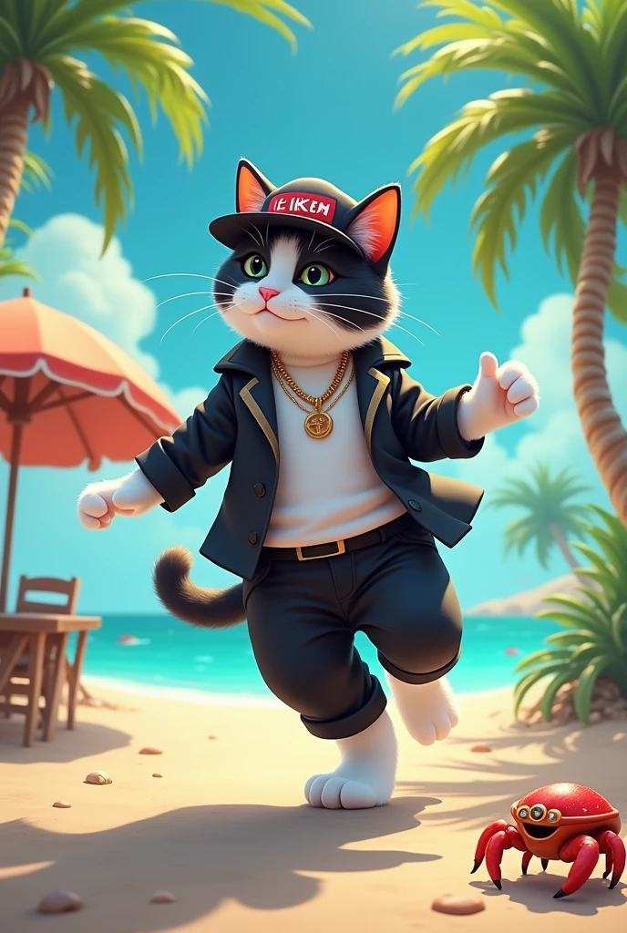 A cool and cute male cat is dressed as a kpop dancer and dancing at the front on the floor。 The hat says "like JIMIN"。
The hair color is black and white。
There is a hermit crab。
Small palm trees grow on the beach。