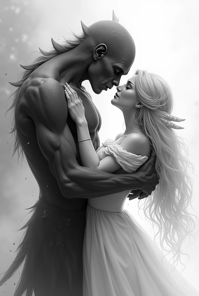 A monster fell in love with a blonde princess holding ass to each other and crying with tears of Joy in anime make the monster more handsome Make the monster human like make the monster younger image is black and white Make the image drawing like