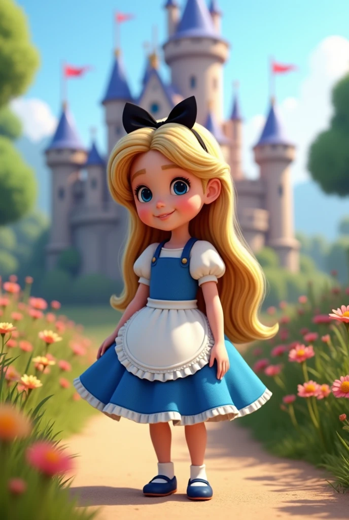 The image features a child character with long, loose blonde hair., blue eyes wearing a striking blue dress with a white apron and a black bow tiara in her hair. She is sitting standing putting her hand on her dress. The character shows off her blue shoes, that complement your outfit. Ao fundo, there is an enchanted castle with towers and flags, set in a lush green environment with flowers. The scene conveys a magical and playful atmosphere, typical of fairy tales. Real 3d pixar image