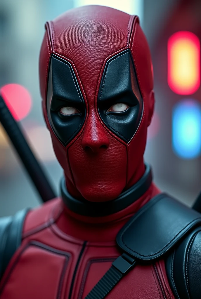A highly detailed and dynamic portrait of Ryan Reynolds wearing the iconic Deadpool costume but no mask, with meticulous attention to the character's distinct facial features, including his piercing eyes, chiseled jawline, and expressive mouth. The costume should be depicted with a perfect balance of realism and comic book stylization, showcasing the signature red and black color scheme, the utility belt, and the character's signature pose. The background should feature a gritty, urban setting that complements the Deadpool persona, with a touch of neon lighting to enhance the cyberpunk aesthetic. The overall image should capture the character's confident, irreverent, and action-packed essence, resulting in a visually stunning and captivating depiction. A highly detailed portrait of Ryan Reynolds as Deadpool, incredibly realistic and photorealistic, hyperrealistic, extremely detailed and intricate facial features, intense eyes, chiseled jawline, dynamic pose, Deadpool costume with perfect textures and materials, urban gritty setting with neon lighting, cinematic lighting, hyper detailed, 8k, masterpiece