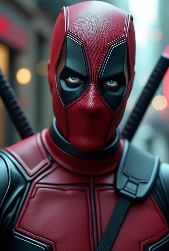 A highly detailed and dynamic portrait of Ryan Reynolds wearing the iconic Deadpool costume but no mask, with meticulous attention to the character's distinct facial features, including his piercing eyes, chiseled jawline, and expressive mouth. The costume should be depicted with a perfect balance of realism and comic book stylization, showcasing the signature red and black color scheme, the utility belt, and the character's signature pose. The background should feature a gritty, urban setting that complements the Deadpool persona, with a touch of neon lighting to enhance the cyberpunk aesthetic. The overall image should capture the character's confident, irreverent, and action-packed essence, resulting in a visually stunning and captivating depiction. A highly detailed portrait of Ryan Reynolds as Deadpool, incredibly realistic and photorealistic, hyperrealistic, extremely detailed and intricate facial features, intense eyes, chiseled jawline, dynamic pose, Deadpool costume with perfect textures and materials, urban gritty setting with neon lighting, cinematic lighting, hyper detailed, 8k, masterpiece