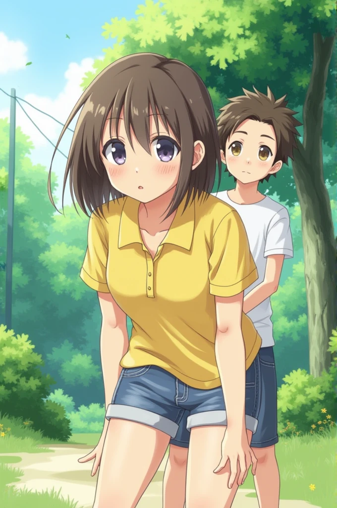 Generates an image of a girl with short hair and a yellow polo shirt with very short shorts and she bends down and a boy looks at her buttocks from behind