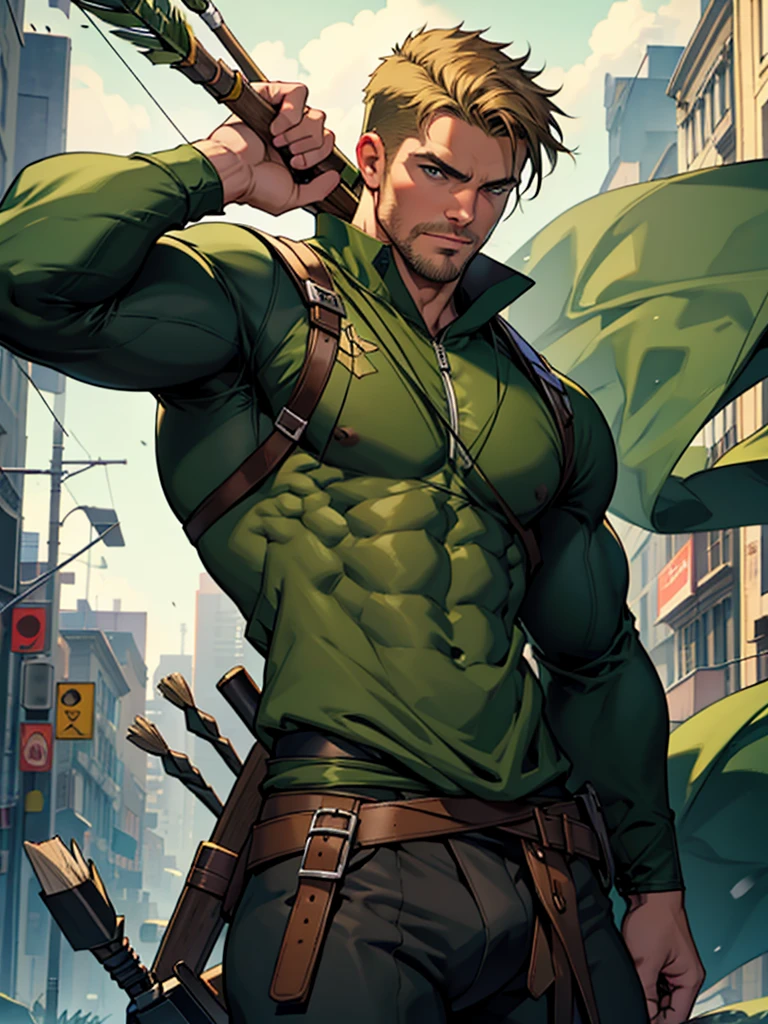 NSFW, 32k, high quality , detailed face , detailed fingers ,detailed muscles  stephen amell as green arrow , wearing blackish green outfit   , showing a dark blond short hair , a thick facial hair like daddies, a bulge ,hunk and handsome, shooting  his  arrows with a bow toward the ennemies , in action , with the quiver on his back full of arrows background sky and city at night 