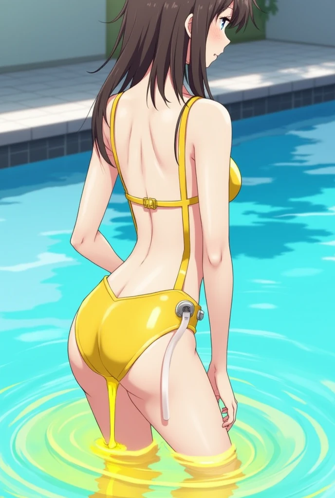Anime, girl, girl in a swimsuit, girl in a swimsuit with a tube that is inserted into a swimsuit, pees, pees herself, pees with yellow urine, pees into a tube that is inserted into a swimsuit, yellow urine flows from a tube that is inserted into a swimsuit, urine flows into the pool, bright yellow urine dissolves in the pool