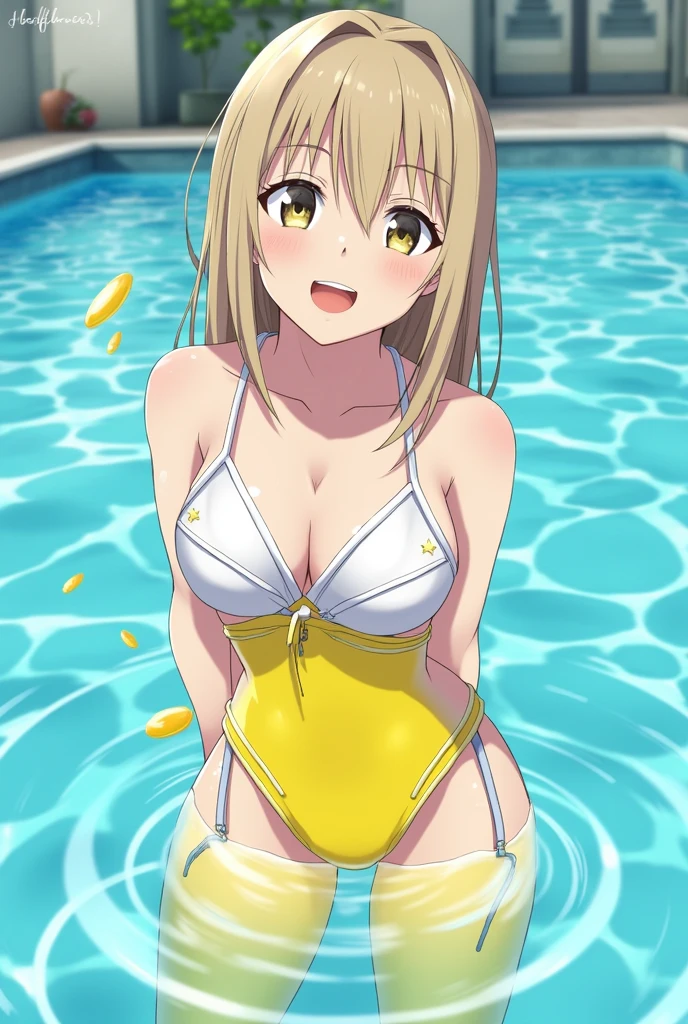 Anime, girl, girl in a swimsuit, girl in a swimsuit with a tube that is inserted into a swimsuit, pees, pees herself, pees with yellow urine, pees into a tube that is inserted into a swimsuit, yellow urine flows from a tube that is inserted into a swimsuit, urine flows into the pool, bright yellow urine dissolves in the pool