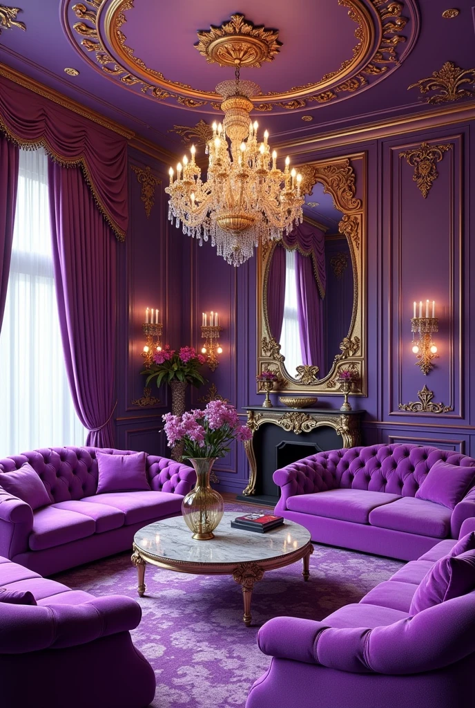 (maximalism), vibrant living room, purple couches, stunning chandelier hanging from the ceiling, fantastically gaudy design, opulent decor, bold patterns, extravagant lighting, playful colors, high detail, vivid textures, elegant ambiance, (digital rendering), surreal style, visually captivating interior.