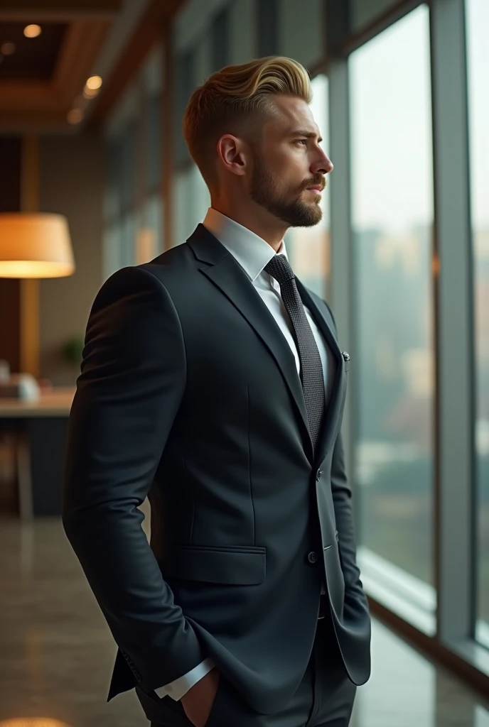 a Russian man, aesthetically beautiful body because you train at the gym, blond with a social beard, wearing a slightly tight suit, millionaire in his office standing looking sideways through the glass of his office