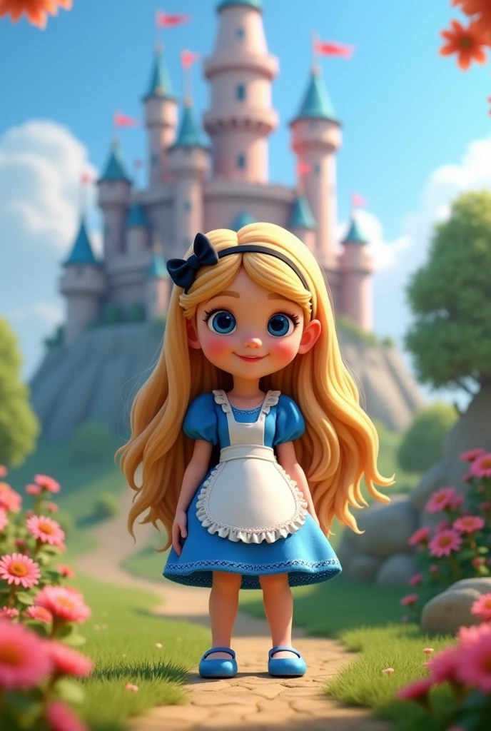 The image features a child character with long, loose blonde hair., blue eyes wearing a striking blue dress with a white apron and a black bow tiara in her hair. She is sitting standing putting her hand on her dress. The character shows off her blue shoes, that complement your outfit. Ao fundo, there is an enchanted castle with towers and flags, set in a lush green environment with flowers. The scene conveys a magical and playful atmosphere, typical of fairy tales. Real 3d pixar image