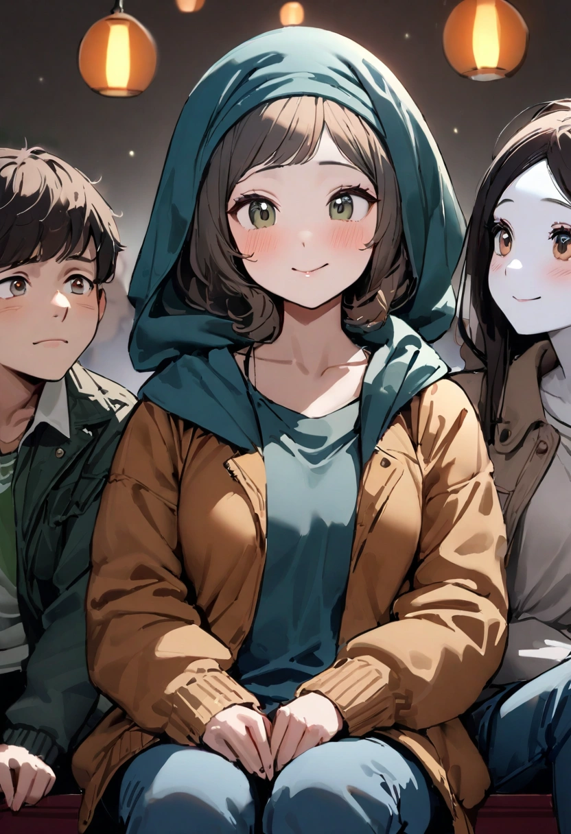 ((3 hijabless man wear jacket sitting), (3 hijabbed woman sitting)), cute face, happy expression, casual fasion, white skin people, just concentrate, crowdless background,extreme detail, masterpiece, 4k, proportional, cinematic lighting