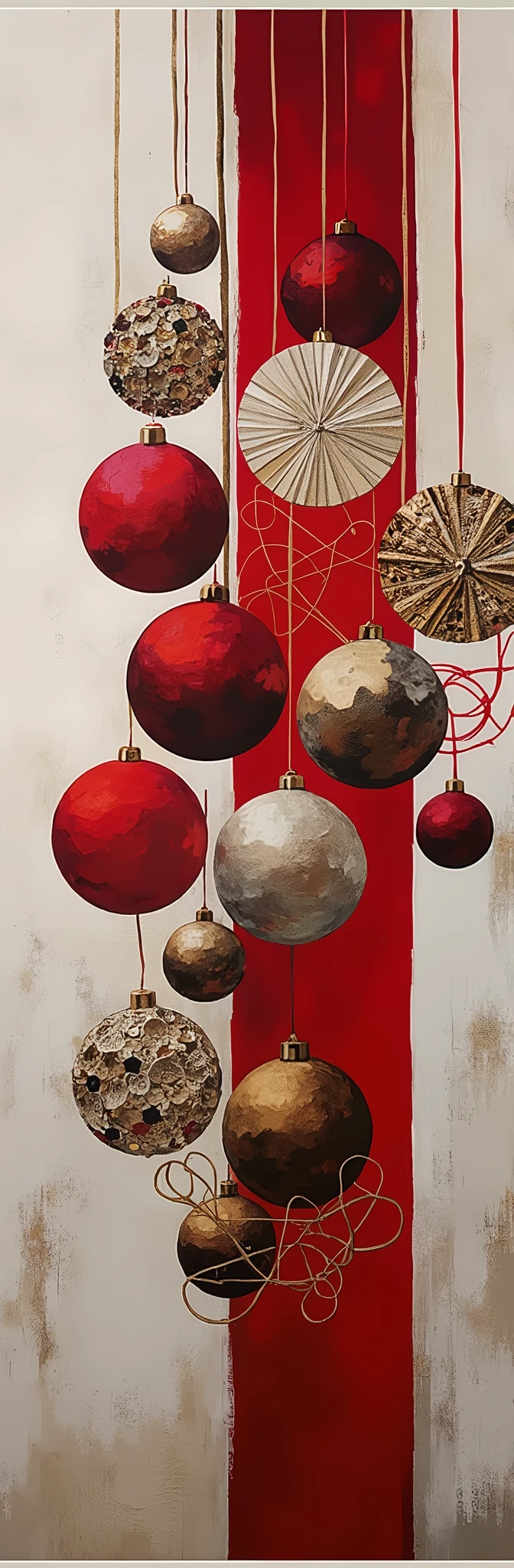 The image displays a series of spherical ornaments hanging vertically against a two-toned background, with one side painted in a neutral beige and the other in a vibrant red. The ornaments vary in color, texture, and patterns, including solid reds, metallic golds, and some with intricate designs. The arrangement and contrast of colors make this image visually striking and suggest a festive or holiday theme.