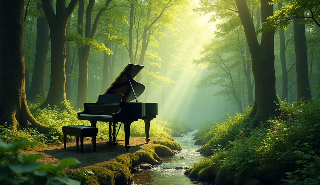 A black grand piano is placed in the middle of a lush green forest. The scene is bathed in soft sunlight filtering through the tall trees and green maple (momiji) leaves, creating a calm and peaceful atmosphere. A small stream runs beside the piano, reflecting the sunlight. The forest floor is covered with moss and leaves, and the piano stands out against the vibrant natural surroundings, adding an element of elegance to the serene landscape. The image should be detailed and realistic, capturing the tranquility of the forest and the beauty of the piano.
Small flowers are blooming
