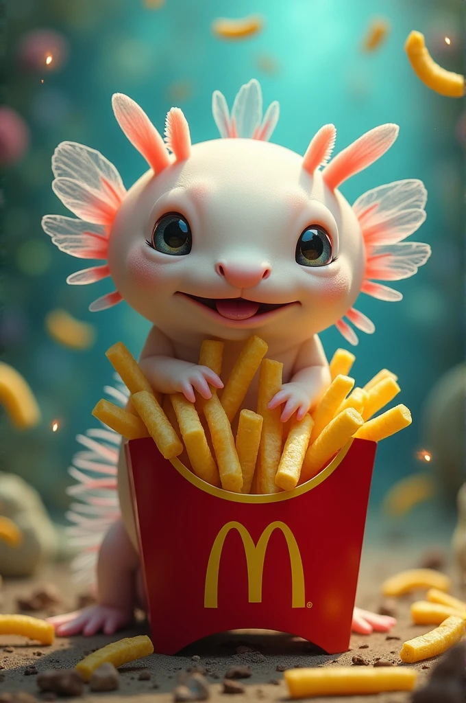 Create a background of an axolotl eating McDonalds fries