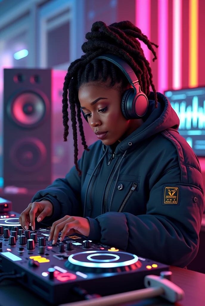 Black engineer girl wearing headphones playing music with virtual dj dispay and large speakers wearing engineering costumes and hammer having dreadlocks