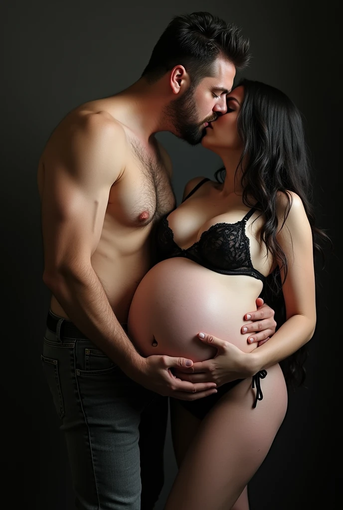 Naked gothic woman with very big breasts sucking a fat man's penis
