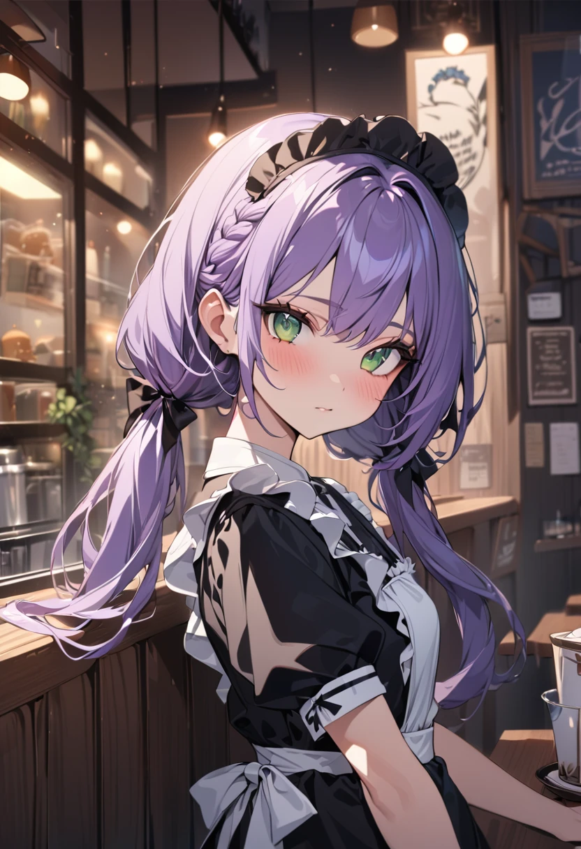 a girl, looking at viewer, low twintails, purple hair, green eyes, slim, maid, in the cafe, in the evening, kawaii, cute, upper body, medium shot, masterpiece, best quality, insanely detailed, hyper detailed, exquisite, beautiful,EF85mm f=2.8 lense,