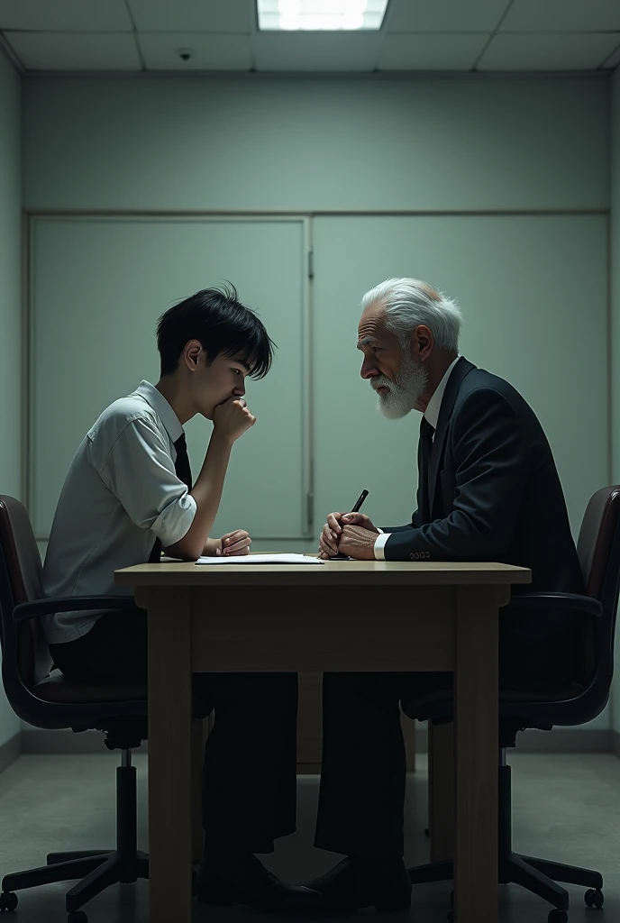 A sad 20 years old boy sitting on a desk infront of a 70 years old man