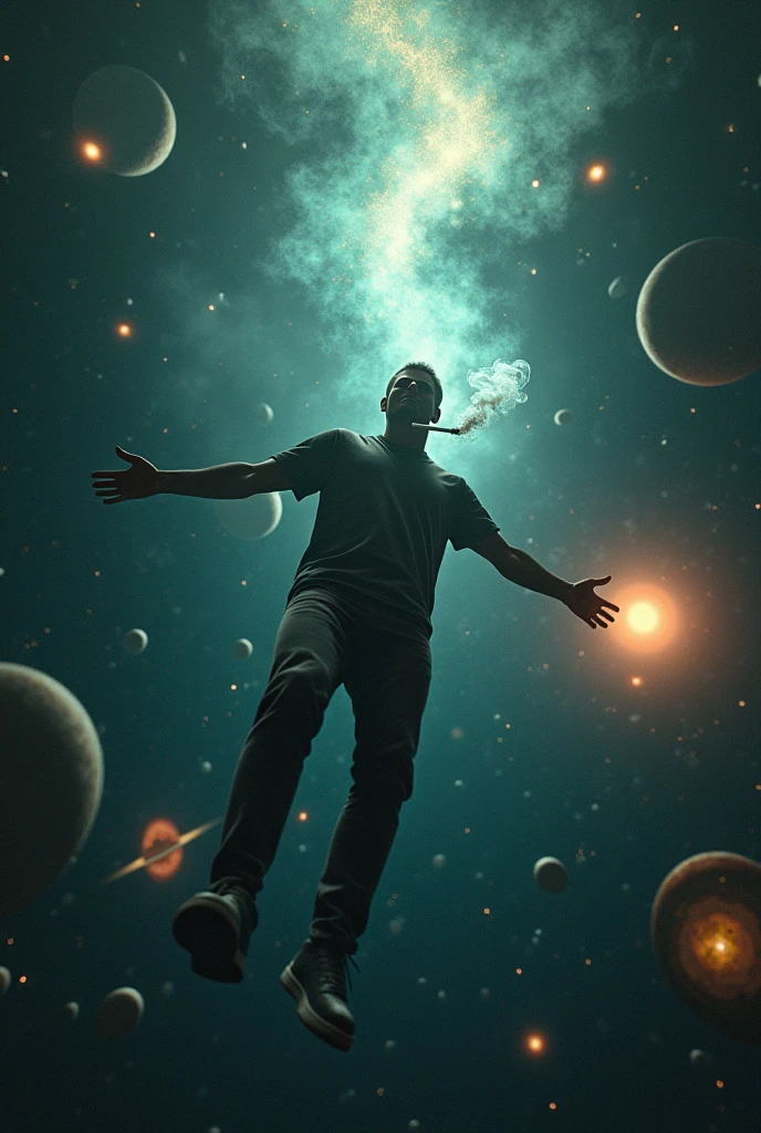 a Man falling into infinite space around many stars and planets, in his hand is a marijuana cigarette smoking access