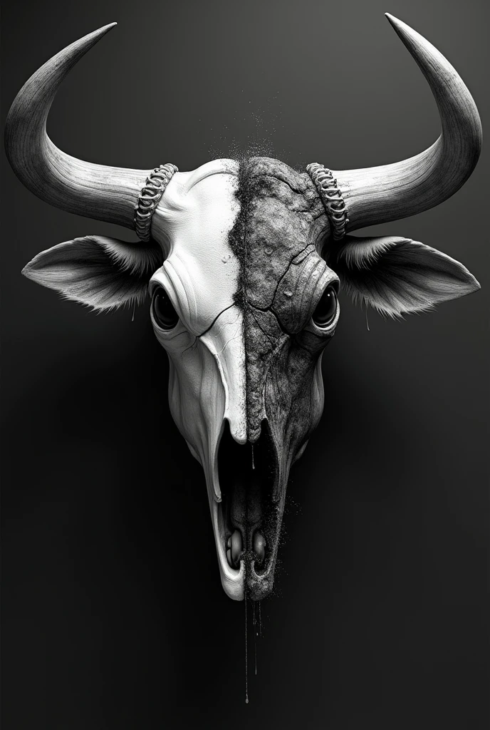 The head of a bull, half skeleton, half flesh and bone, for a black and white tattoo 