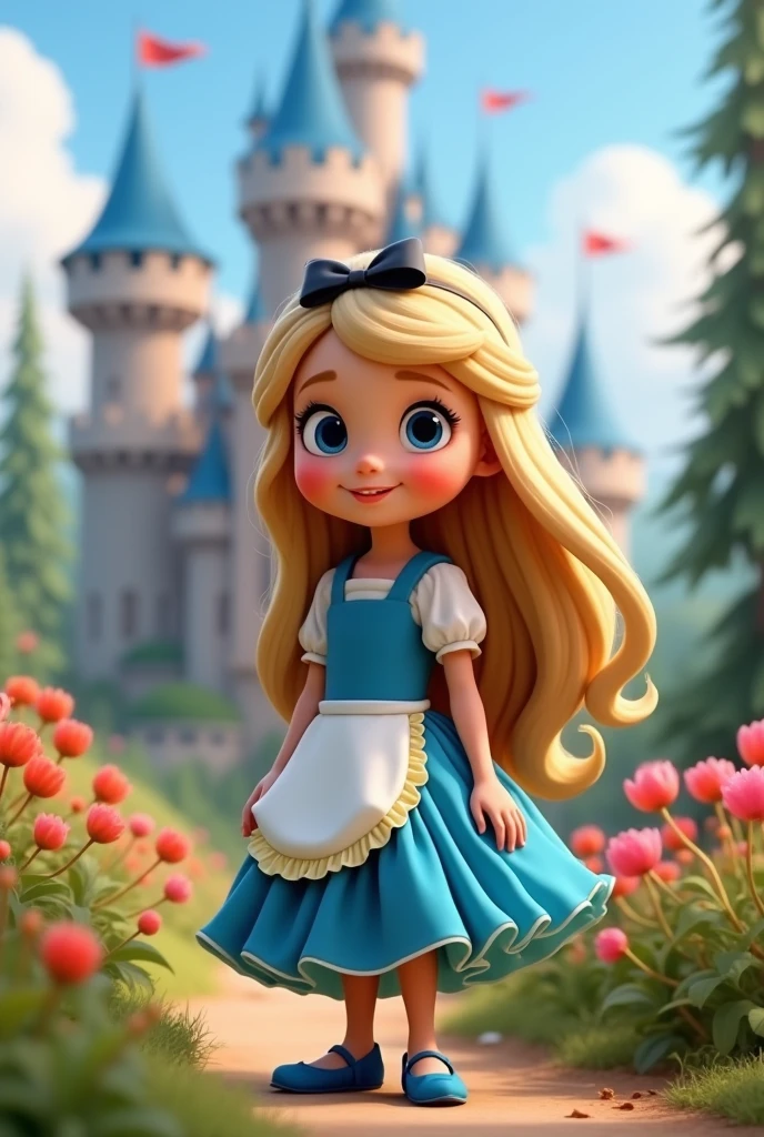 The image features a child character with long, loose blonde hair., blue eyes wearing a striking blue dress with a white apron and a black bow tiara in her hair. She is sitting standing putting her hand on her dress. The character shows off her blue shoes, that complement your outfit. Ao fundo, there is an enchanted castle with towers and flags, set in a lush green environment with flowers. The scene conveys a magical and playful atmosphere, typical of fairy tales. Real 3d pixar image