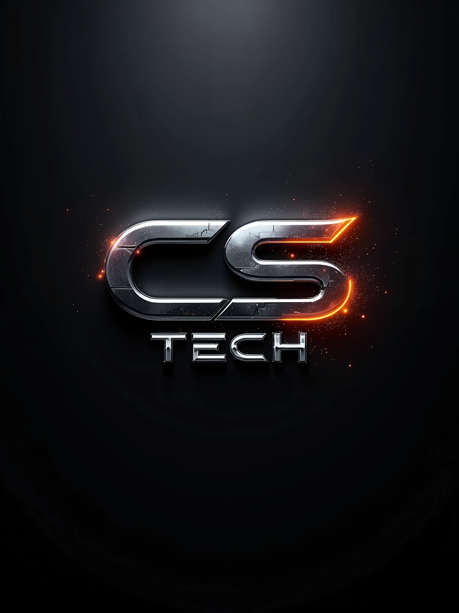 create a logo, black background, metallic letters, technological flame details, using the word "CS TECH".