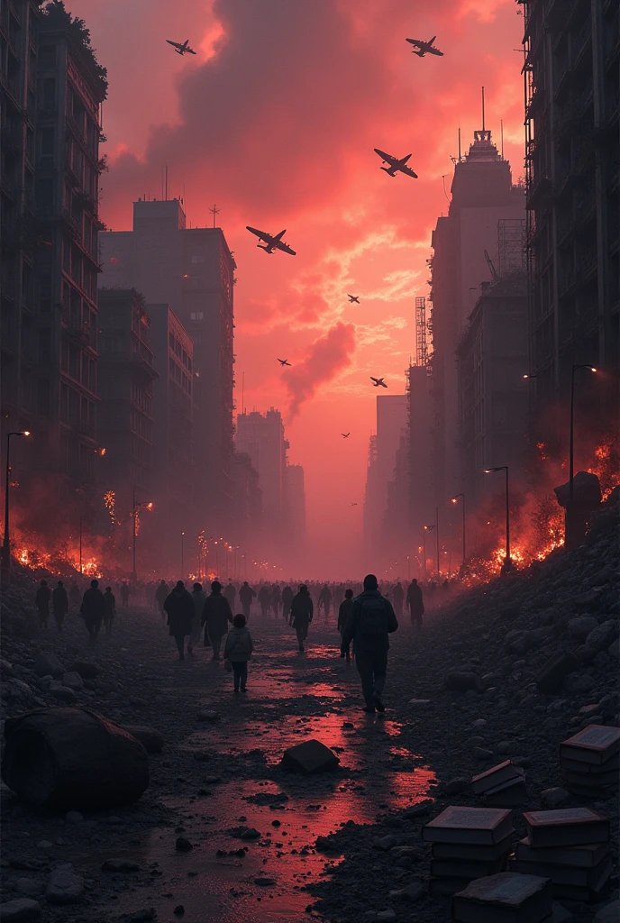 CROWDS AT WAR AND RUINS OF BUILDINGS WITH PLANES BOMBING CITIES AND BOOKS IN THE FARENTE ON A TWILIGHT AFTERNOON OF RED RAIN