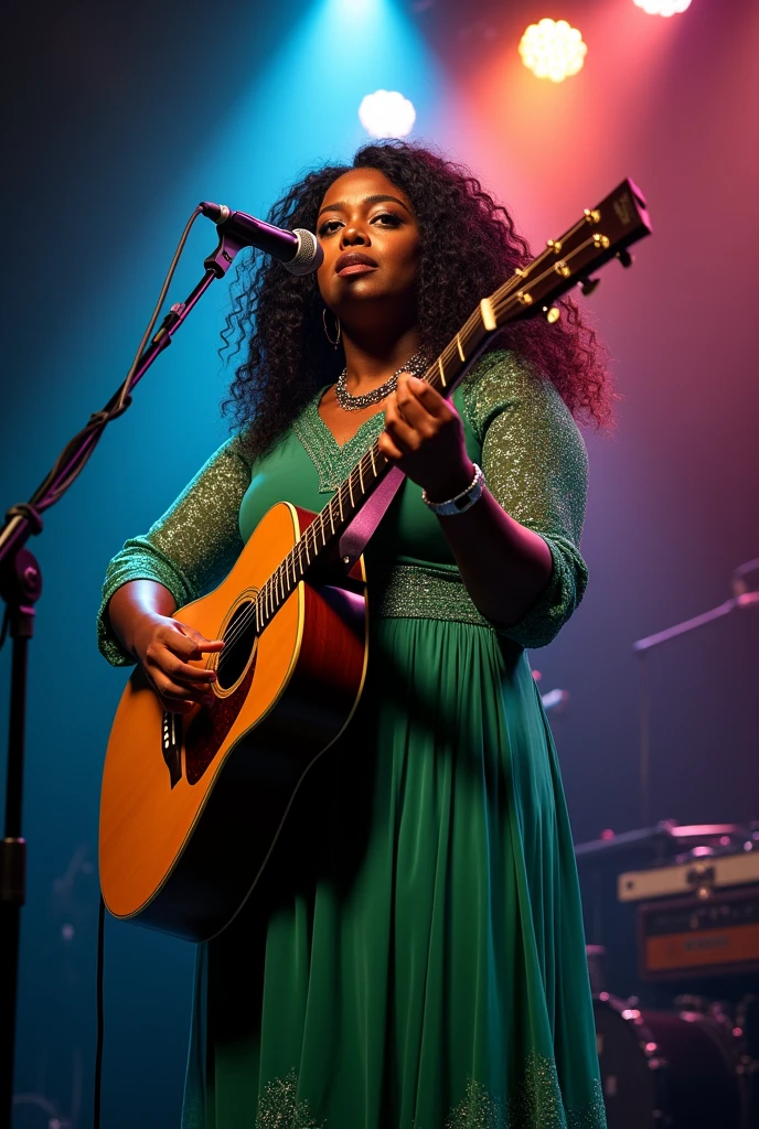 Make a picture of a black woman, chubby, long curly black hair, dark shaped eyes, playing guitar and singing at a concert, she is wearing a long green dress
