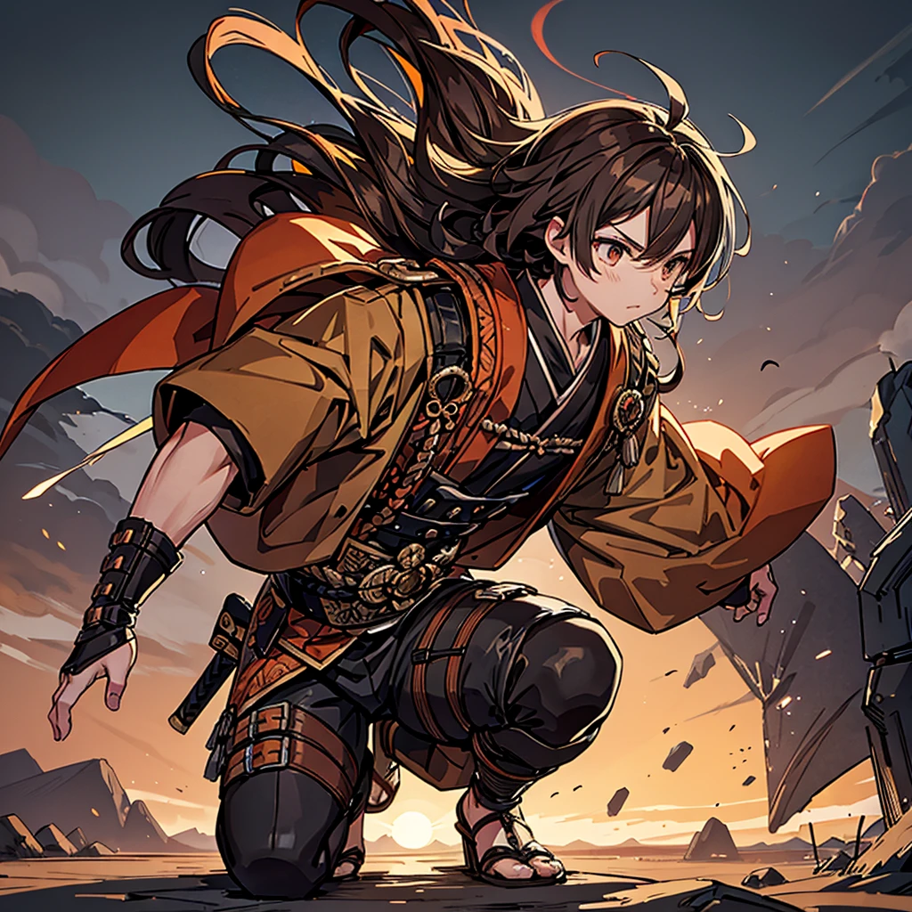 child, masculine, Samurai, post-apocalyptic, Brown hair, wavy hair, medium hair, hero face, armadura Samurai de color naranja, (((Whole body))), Japanese Plain.