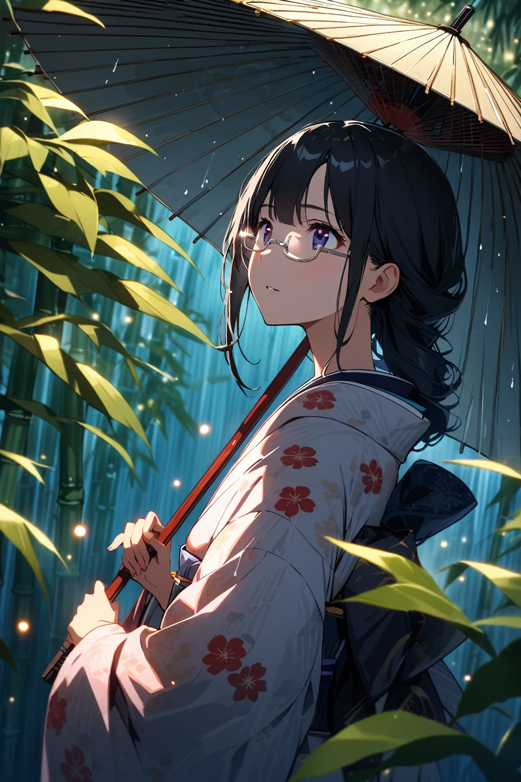 (extremely detailed fine touch:1.3), Vibrant colors, Soft tones, With warm and gentle lighting, (((silver semi-rimless eyewear:1.3))), girl, solo, (ancient Japanese noble, beautiful kimono, beautiful long black hair), glowing hair, looking up at the moon, holding an Japanese umbrella, raining softly, fireflies flying around, bamboo leaves are placed three-dimensionally in the foreground, shining through rainwater, bamboo grove of japan,