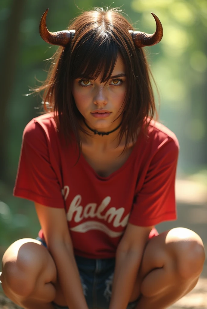 (masterpiece), best quality, (HD), (8k), extremely detailed, HDR, expressive eyes, perfect eyes, perfect face, illustration, ((wallpaper)), professional, epic, scene, sharp image, clear image, amazing details, ((detailed background)), 1 woman, brown angled bobbed hair, natural, collarbone, crossed arms, denim, hair between eyes, horns, long hair, looking at viewer, orange eyes, outdoors, female character known as 'power' from (chainsaw man), red shirt, shirt, shoes, shorts, solo, squatting, naked, flashing