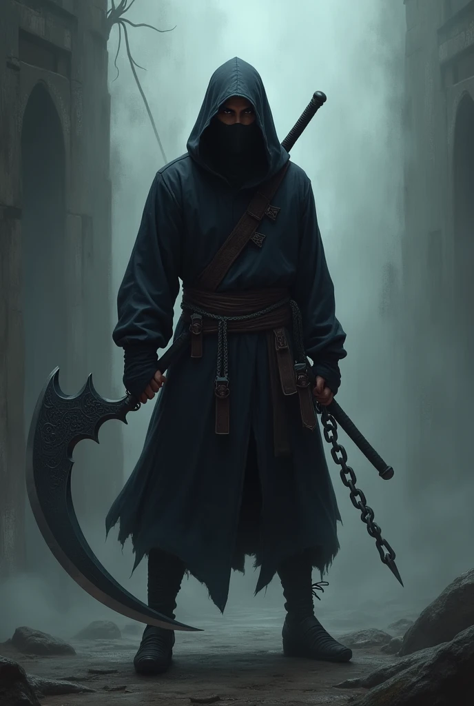 Ninja, sickle with chain, masterpiece, best quality, high resolution, realistic, detailed, 