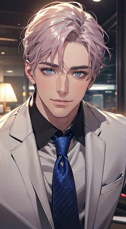 (Highest quality,4K,8K,High resolution,masterpiece:1.2),Super detailed,(Realistic,photoRealistic,photo-Realistic:1.37),1 personld,Mature Men,Beautiful skin、very handsome,Expressionless,smile,Short gray pink hair,blue eyes,Sharp Eyes,A perfect face without a doubt,Businessman,Office Background,Cinema Lighting,HDR image,tie、