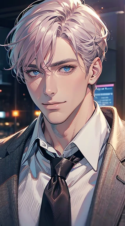 (Highest quality,4K,8K,High resolution,masterpiece:1.2),Super detailed,(Realistic,photoRealistic,photo-Realistic:1.37),1 personld,Mature Men,Beautiful skin、very handsome,Expressionless,smile,Short gray pink hair,blue eyes,Sharp Eyes,A perfect face without a doubt,Businessman,Office Background,Cinema Lighting,HDR image,tie、
